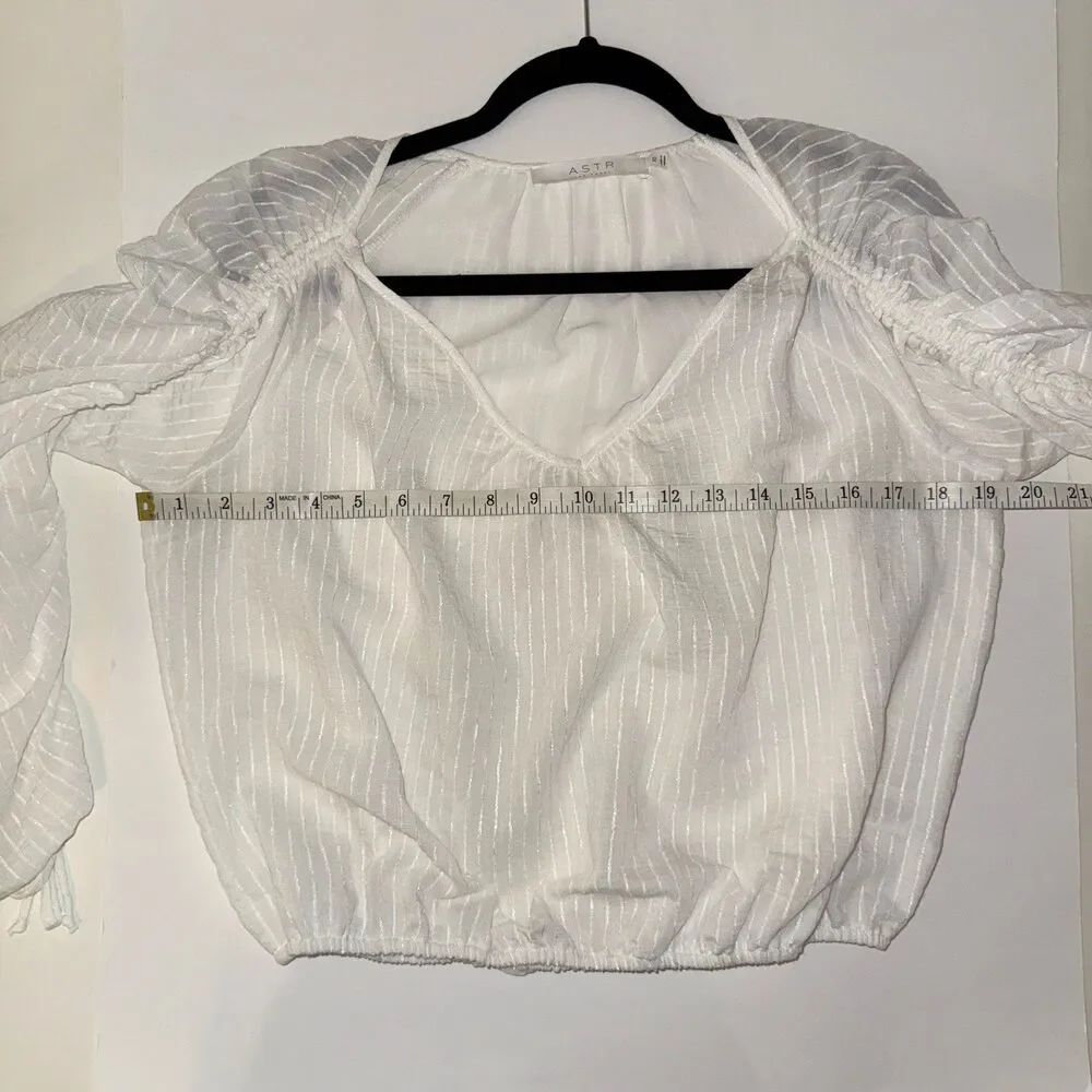 ASTR the Label Ruched Puff Long Sleeve Top White Sheer Pinstripe Blouse VNeck XS